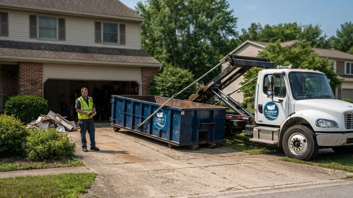 Flagship Dumpster Rental Erie roll-off truck delivering in Erie, PA