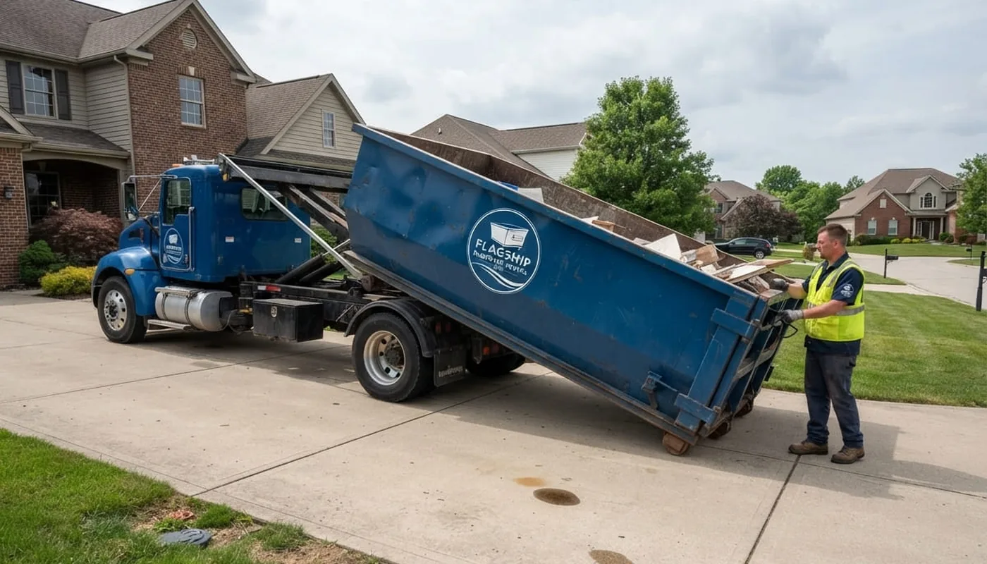 Flagship roll-off dumpster being delivered to a Erie, Pennsylvania driveway