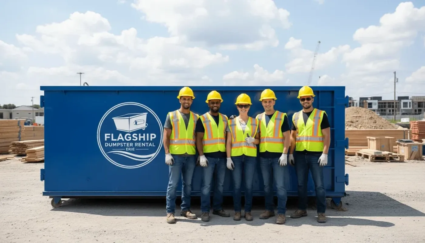 The Flagship Dumpster Rental Erie team and fleet in Erie, Pennsylvania The Flagship Dumpster Rental Erie team and fleet in Erie, Pennsylvania